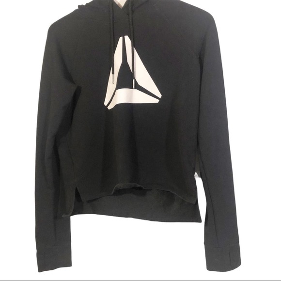 Reebok Metro Popover Cropped Hoodie Pullover Sweatshirt Black White Size XS - Picture 3 of 8